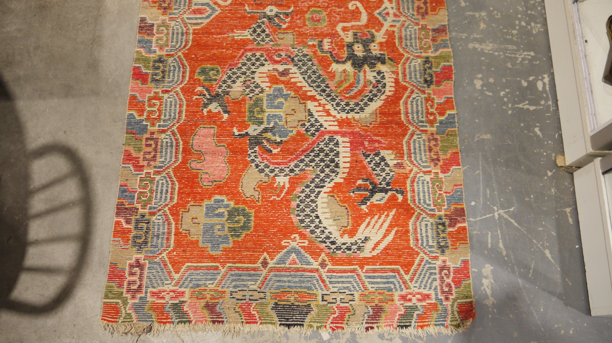 Pair of Chinese style rugs, possibly Tibetan, the central panel with two dragons chasing flaming - Image 13 of 88