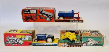 Three boxed Britains farming diecast models to include Ford Super major 5000 diesel tractor (damaged