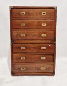 20th century stained hardwood campaign-style chest on chest, having six long drawers, each with