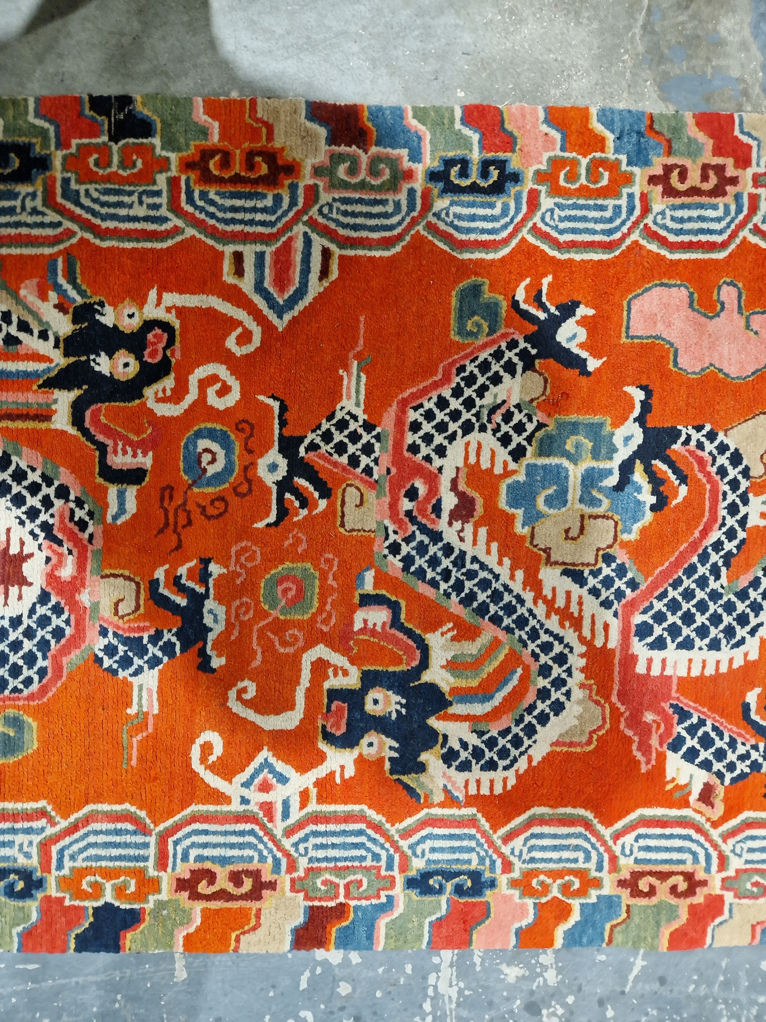 Pair of Chinese style rugs, possibly Tibetan, the central panel with two dragons chasing flaming - Image 34 of 88