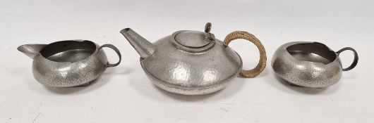 Three-piece Tudric pewter Liberty & co tea set, designed by Archibald Knox comprising tea pot, sugar