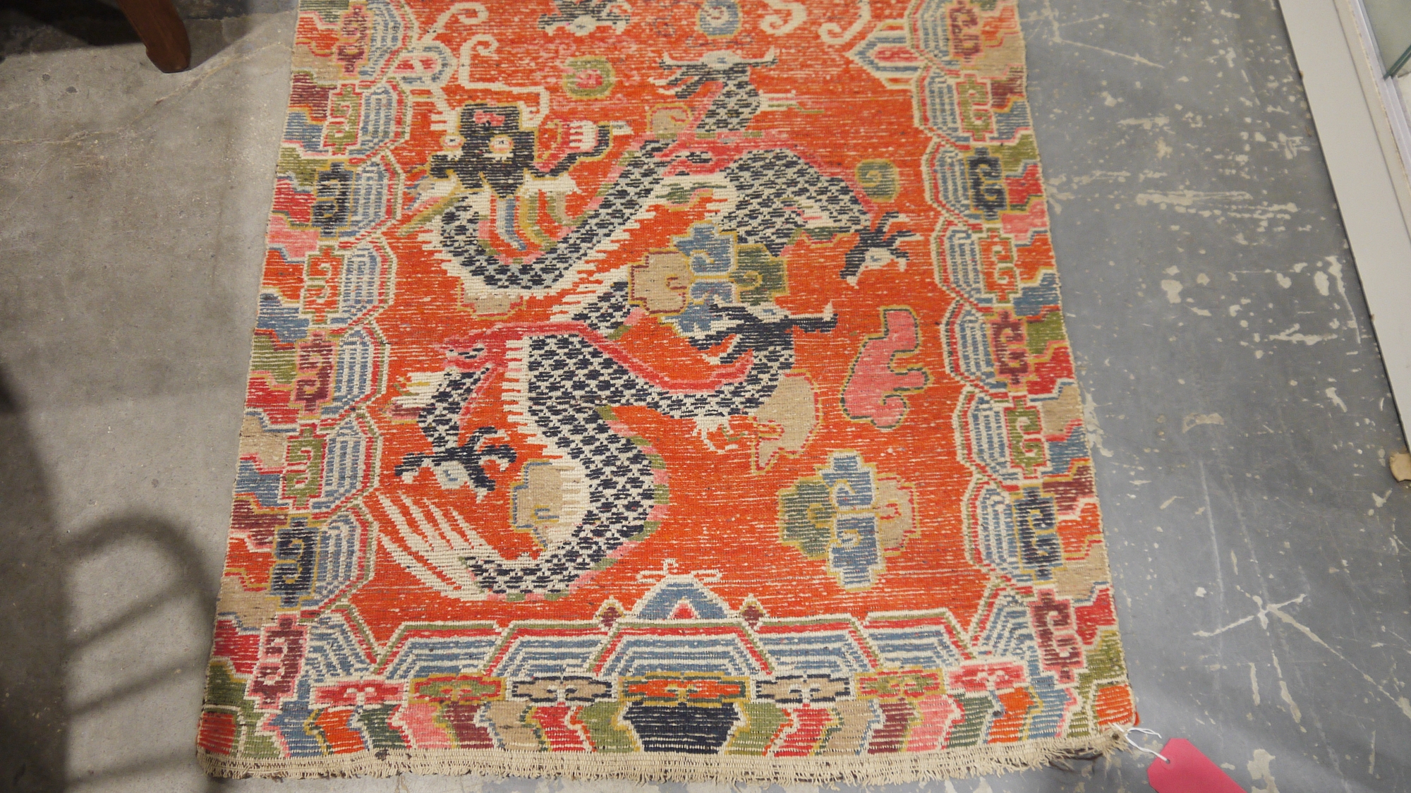 Pair of Chinese style rugs, possibly Tibetan, the central panel with two dragons chasing flaming - Image 9 of 88