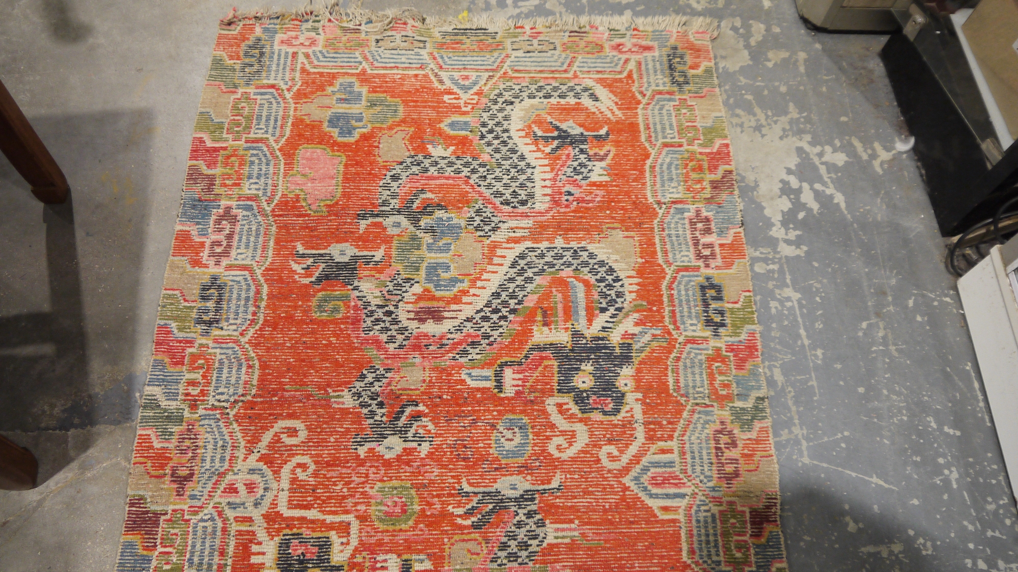 Pair of Chinese style rugs, possibly Tibetan, the central panel with two dragons chasing flaming - Image 52 of 88