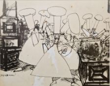 Ralph Steadman (b.1936) Ink and wash Chefs in a kitchen, signed lower left, framed and glazed, 35.