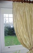 Pair of silk curtains embroidered with small velvet petals, pale gold, lined and interlined, 11ft 6