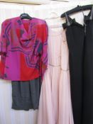 1990s Frank Usher black crepe evening dress with diamante decorated shoulder straps and satin bows