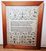 Victorian embroidered sampler named and dated 'Susan Coate's work 1850', embroidered with a poem 