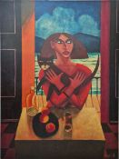 Graham Knuttel (Ireland, 1954-2023) Acrylic on canvas 'Woman With Cat', signed lower right, 121.