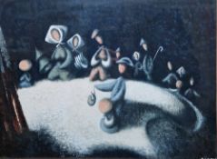 Sadek Mixed media Stylised figures knelt in a circle surrounding a figure and child, signed lower