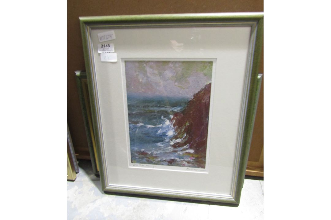 Framed print , indistinctly signed in the print,  'Tide Coming In'  and three textile collages, - Image 1 of 4