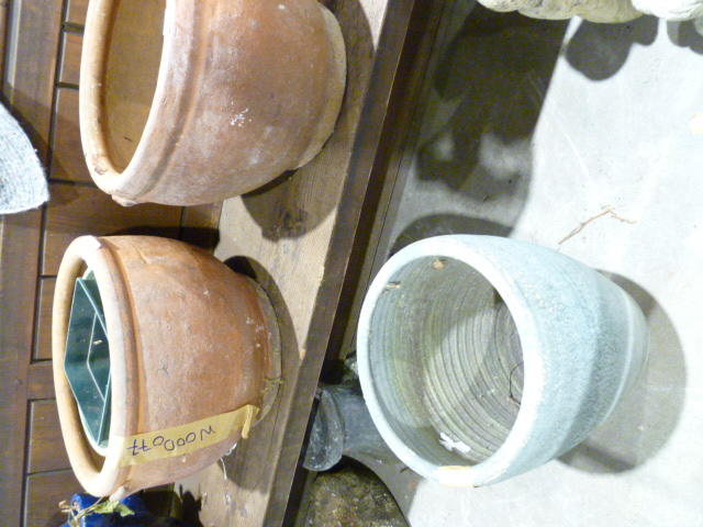 Pair bulbous terracotta planters ( 38 x 29cm ) and a blue/green terracotta pot (3)