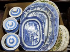 Three TG Green blue and white Cornishware storage jars, a small quantity of Masons 'Strathmore'
