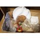 Small cat/dog wicker basket, a clear glass oil lamp and various chinaware (1 box) - Image 1 of 2