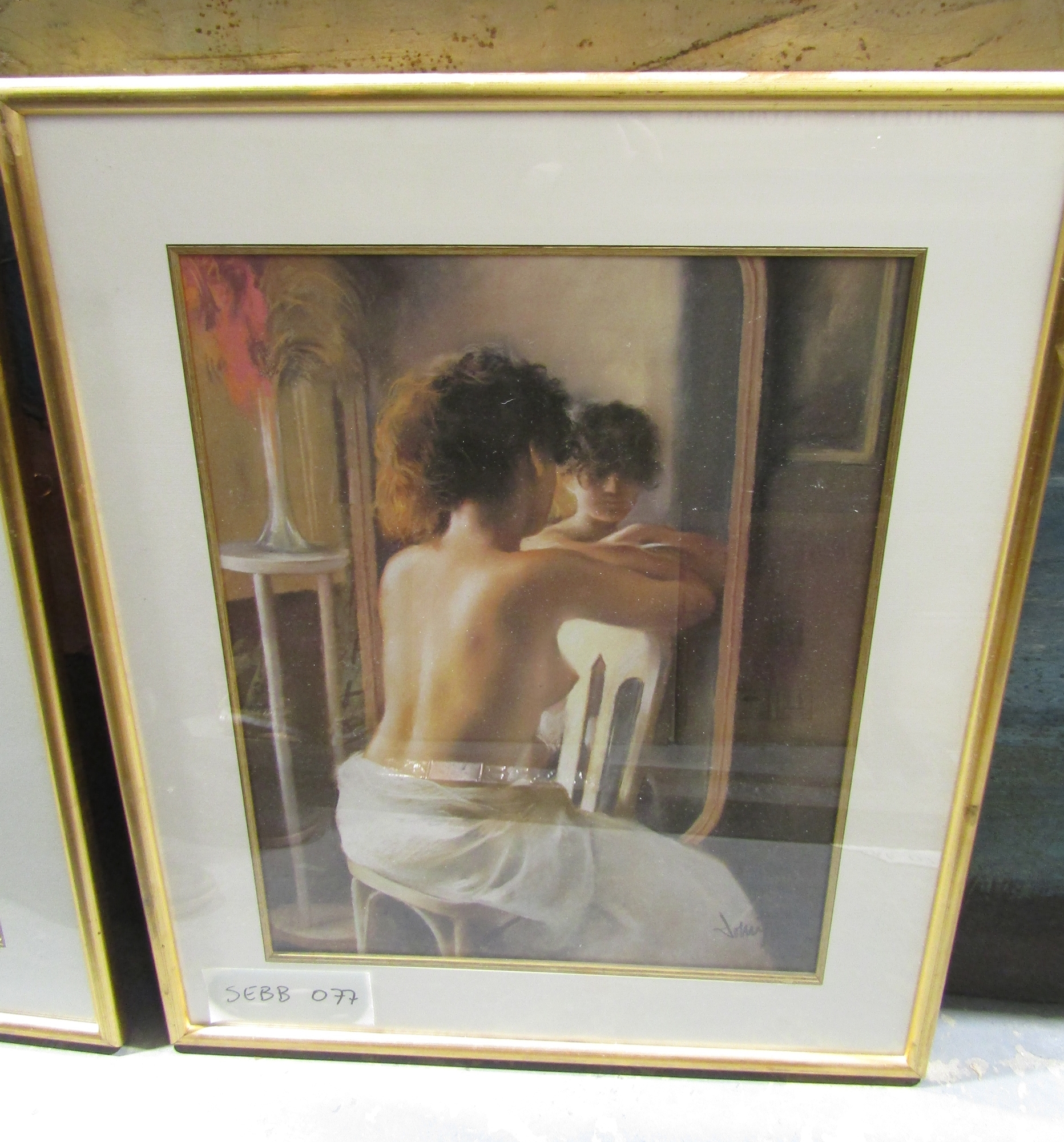 Two framed prints, indistinctly signed in the print   ' Female nude facing a mirror' and another - Image 2 of 2