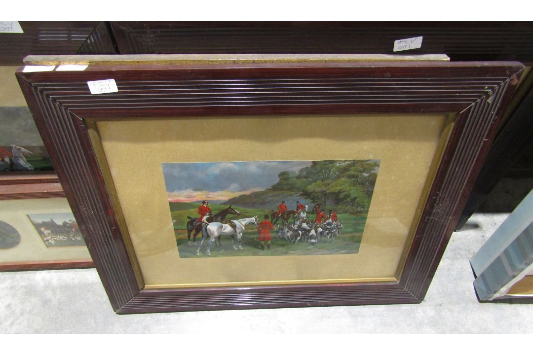 A set of four framed hunting prints , a pair of framed coloured photographs of hunting scenes and - Image 1 of 4