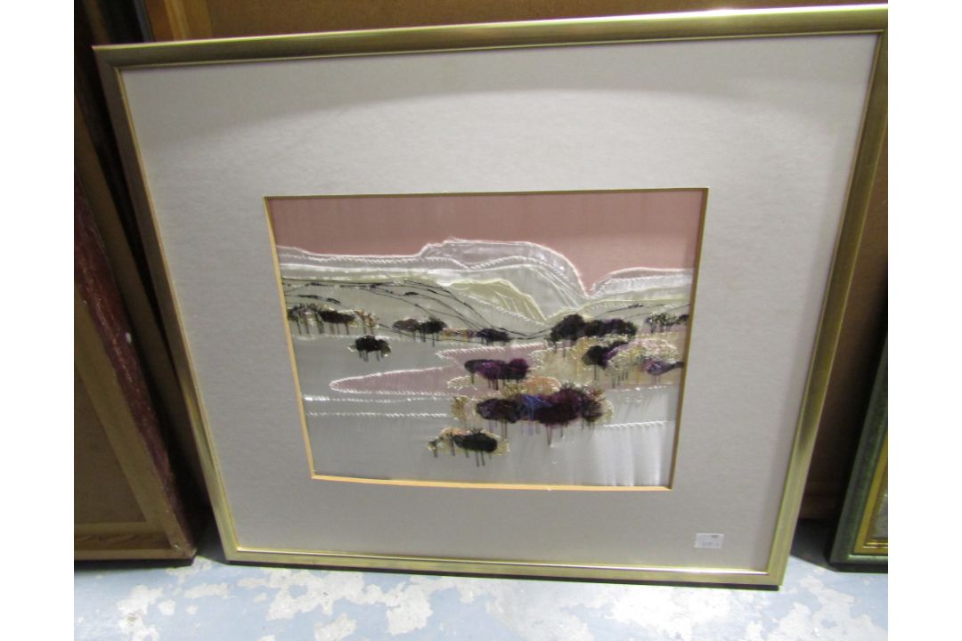 Framed print , indistinctly signed in the print,  'Tide Coming In'  and three textile collages, - Image 2 of 4