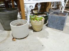Quantity of glazed, circular garden planters and a cuboid slate effect resin example