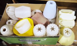 Quantity of retro and later plastic light shades, table lamps, in-line lamp switches, etc (4 boxes)