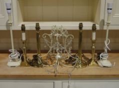 Three pairs of modern table lamps and a wire ceiling light with glass drops