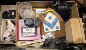 Small quantity of mineral specimens, a small ammonite fossil, a pair of Practika binoculars, a JVC