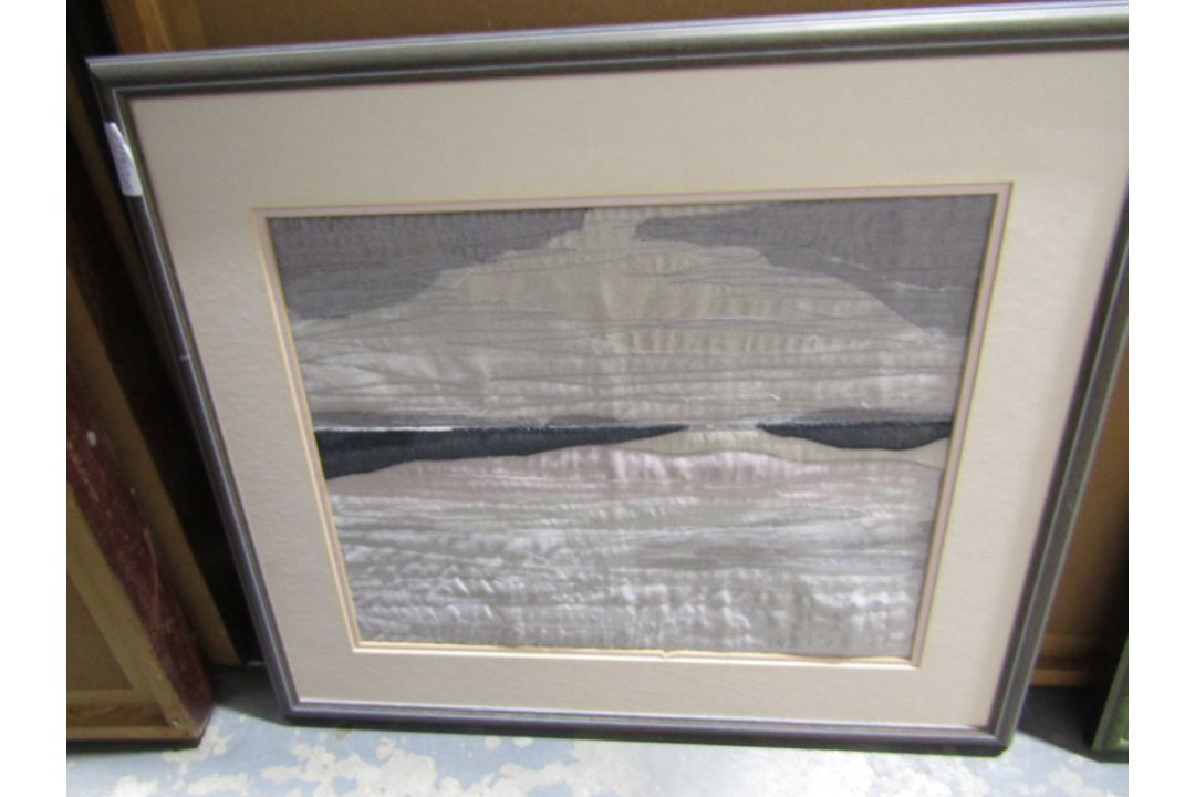 Framed print , indistinctly signed in the print,  'Tide Coming In'  and three textile collages, - Image 3 of 4