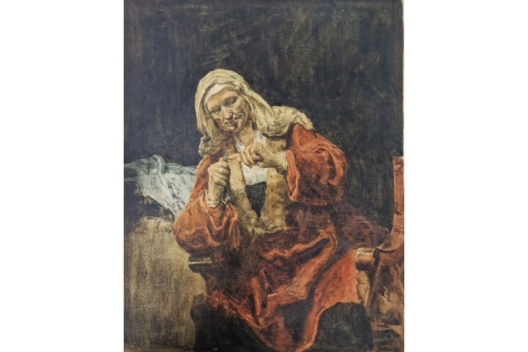 Unattributed Watercolour drawing Copy of "Old Woman Cutting Her Nails" by Rembrandt, 28cm x 22cm - Image 1 of 8