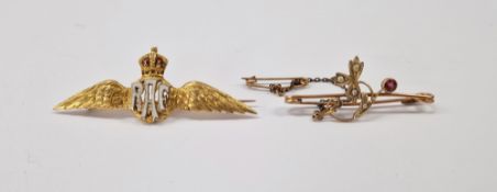 15ct gold and enamelled R.A.F. winged brooch and gold coloured metal seed pearl and amethyst