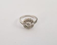 18ct white gold Art Deco diamond dress ring, the centre circular collet set stone, approx 0.75 ct,