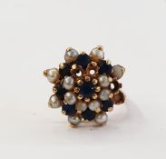 9ct gold, cultured pearl and blue stone ring, flowerhead-pattern (several stones missing) size J,