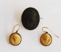 Pair Victorian gold lava drop earrings with classical reliefs within ropetwist borders, a silver-