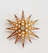 Cultured pearl and diamond set star, 12-point, set graduated pearls centred by single diamond,