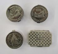 Three Indonesian coin mounted boxes, each 100 Rupiah coin mounted within a sterling silver pill box,