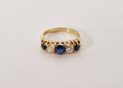 18ct gold, sapphire and diamond ring, set two old cut diamonds and three sapphires size M