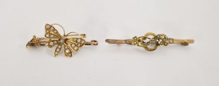 Seed pearl butterfly bar brooch, 9ct gold seed pearl scroll pattern bar brooch (2)