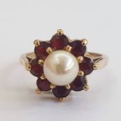 9ct gold, pearl and garnet cluster ring size L1/4