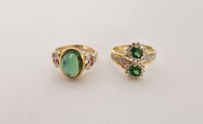 9ct gold green stone, diamond and pink stone dress ring, set oval cabochon stone and 18k gold size