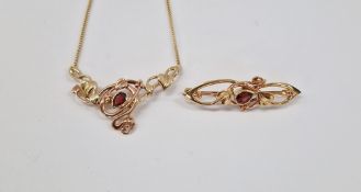 Clogau 9ct gold and garnet Art Nouveau style scroll necklace with integral chain and matching bar