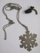 Silver and enamel scroll brooch, MMA sterling snowflake pendant 1971, pearl and coral necklace and