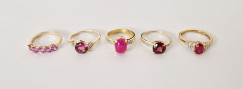 14ct gold and pink stone and diamond ring size Q, set oval cabochon pink stone ring size M and three