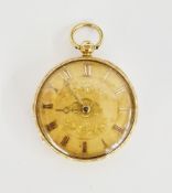 Victorian 18ct gold cased open faced pocket watch, the gilt dial having Roman numerals denoting