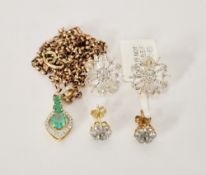 9ct gold belcher link chain 6g approx, gold diamond and green stone pendant, pair 9ct gold and small