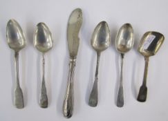 Four assorted silver teaspoons, Georgian and later, together with a pair of silver plated sugar