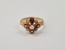 Past Times 9ct gold, pearl and garnet ring set 4 sapphires and five pearls size N1/2
