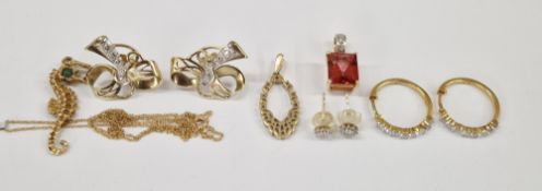 Pair 9ct gold and white stone hoop earrings, pair of gold-coloured metal and white stone bow-pattern