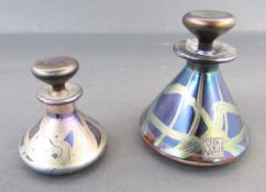 Two Isle of Wight Studio glass perfume bottles, bearing labels, each of tapering conical form