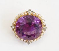 Amethyst, cultured pearl and diamond brooch set large oblong facet-cut amethyst having surround of