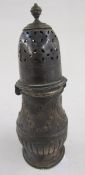 George V silver sugar caster, pierced domed bayonet fixing cover, baluster body with swag decoration
