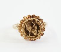 9ct gold ring set miniature coin,  size N1/4 3.4g gross approx.