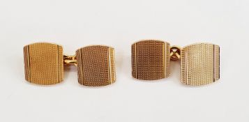 Pair 18ct gold double-oblong and chain cufflinks, engine-turned, 13g approx.