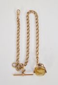 15ct rose gold albert chain, oval curb link with T-bar and citrine fob 42.g approx